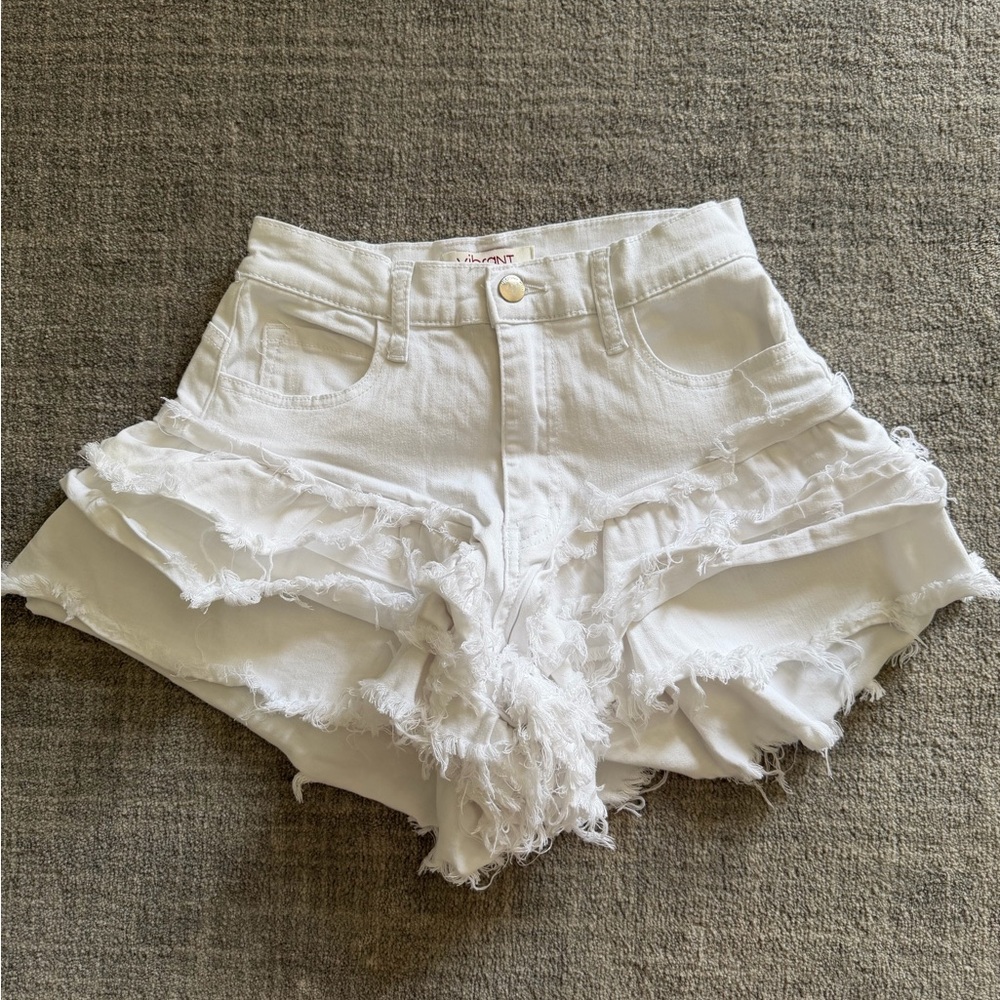 Vibrant White Ruffled High Rise Denim Shorts - Picture 2 of 4